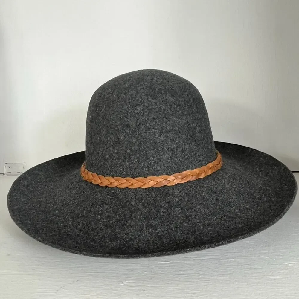 Unbranded Sun Hat Women's Wide Brim Gray 100% Wool Braided Belt Breathable